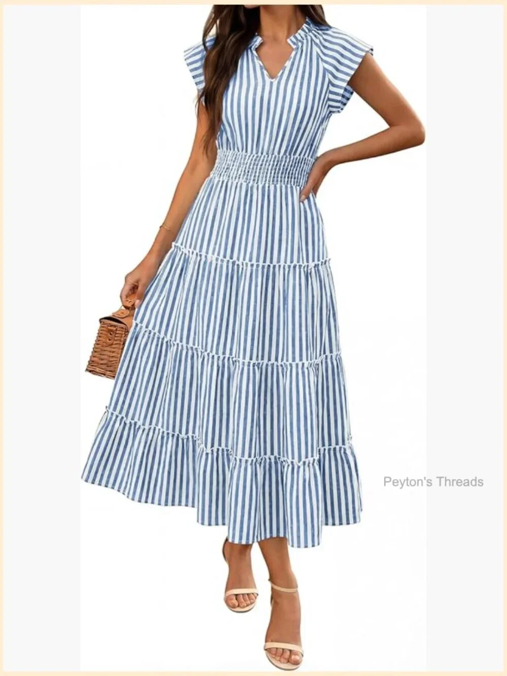 Women's Summer Maxi Dress V-Neck Cap Sleeve Gingham Striped Flowey Tiered Midi - Picture 1 of 7